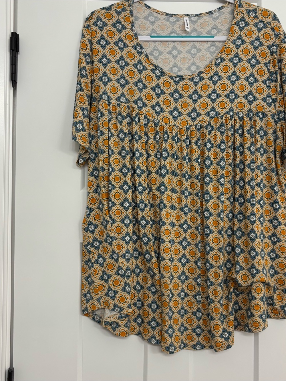 Amazon Women’s Boho Tile-Print Short Sleeve Top in Mustard and Teal